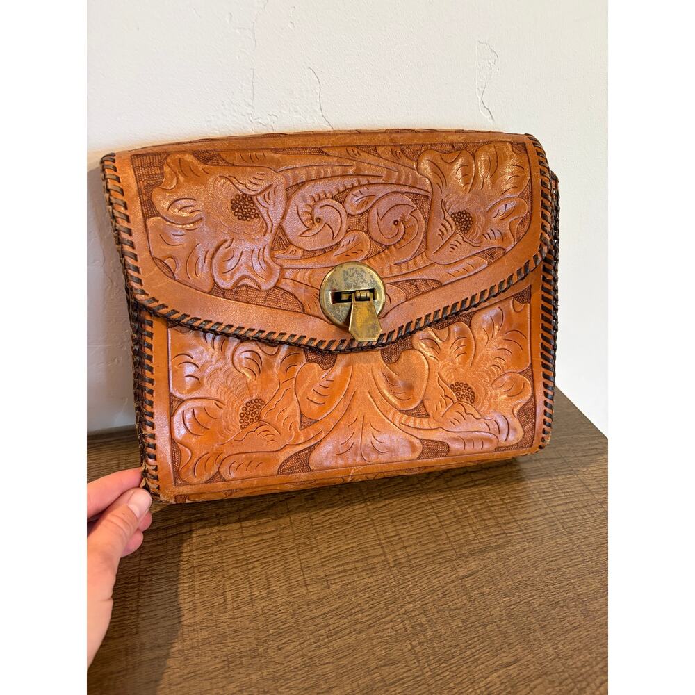 Vtg Handmade Tooled Leather Clutch Floral Boho Western Brown Envelope Purse